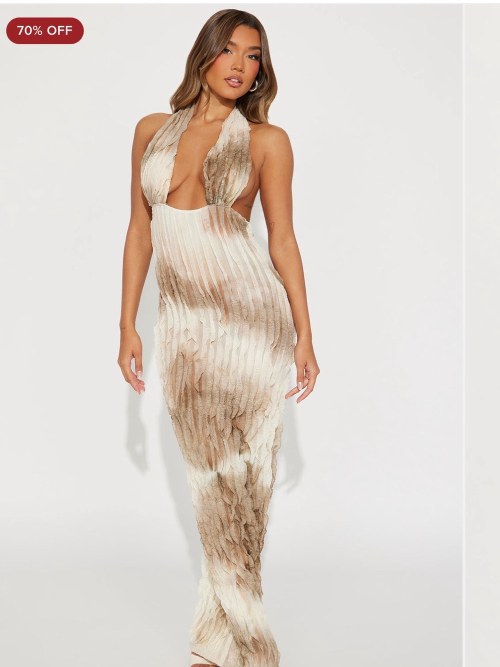 Fashion Nova Beige and Cream Plunging Halter Maxi Dress